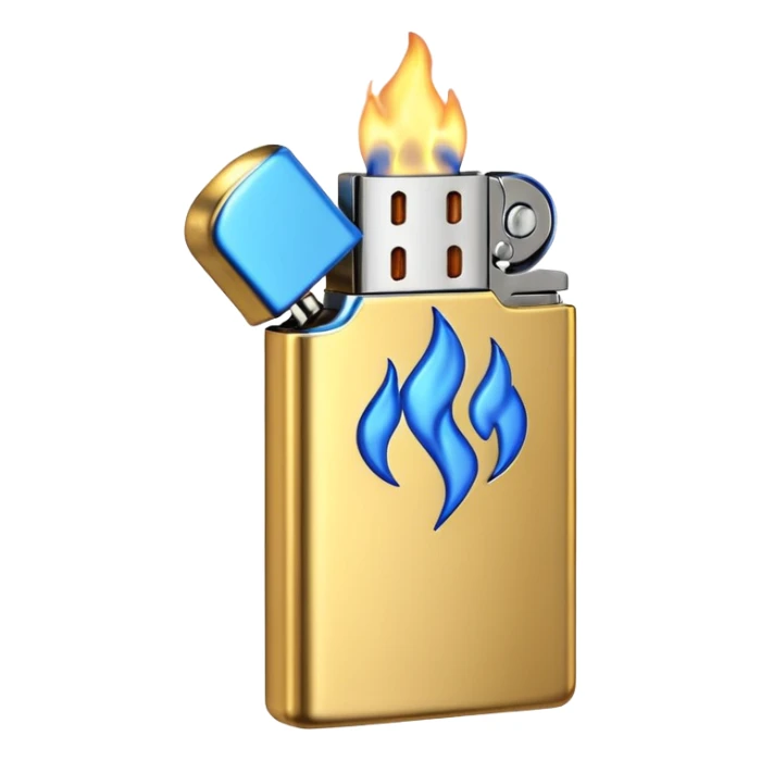 3D emoji icon of a golden metallic lighter with a blue flame, high quality, 3D render, minimalist white background sticker