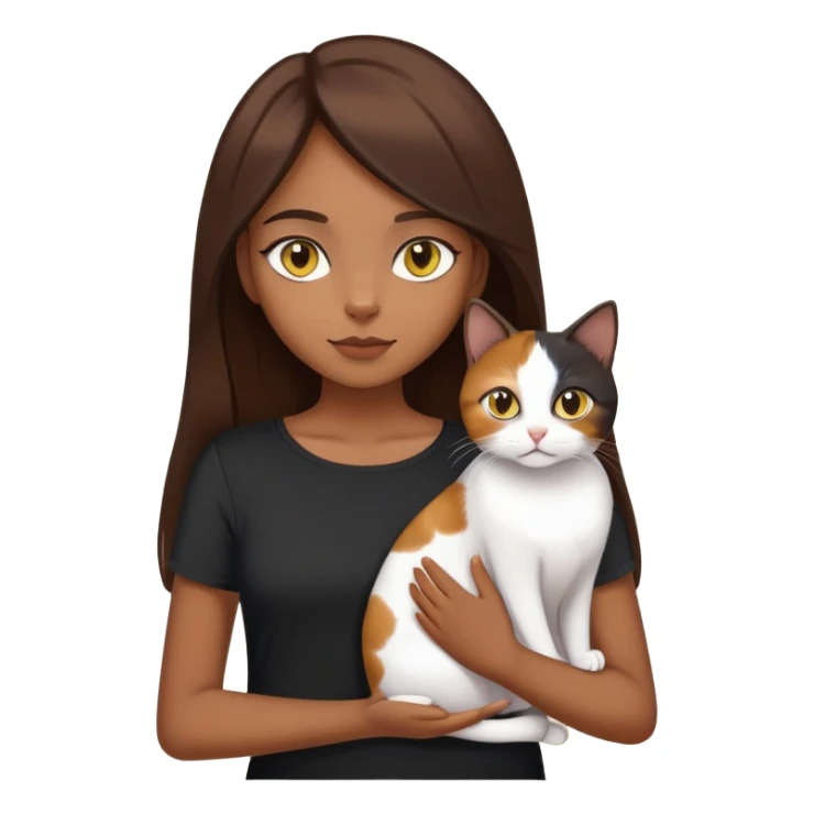 Brown straight-haired girl wearing black top with a pure white cat with yellow eyes and a calico cat sticker