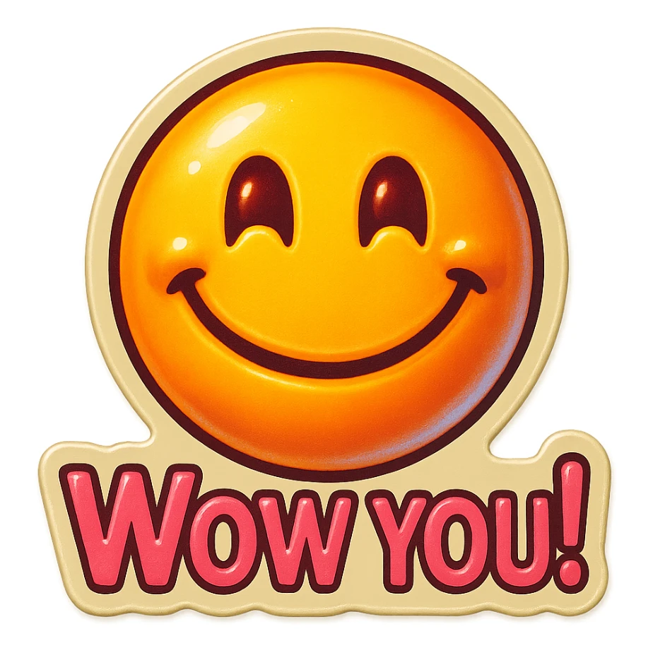 excited smile with mouth closed 
add the words W You! in pink sticker