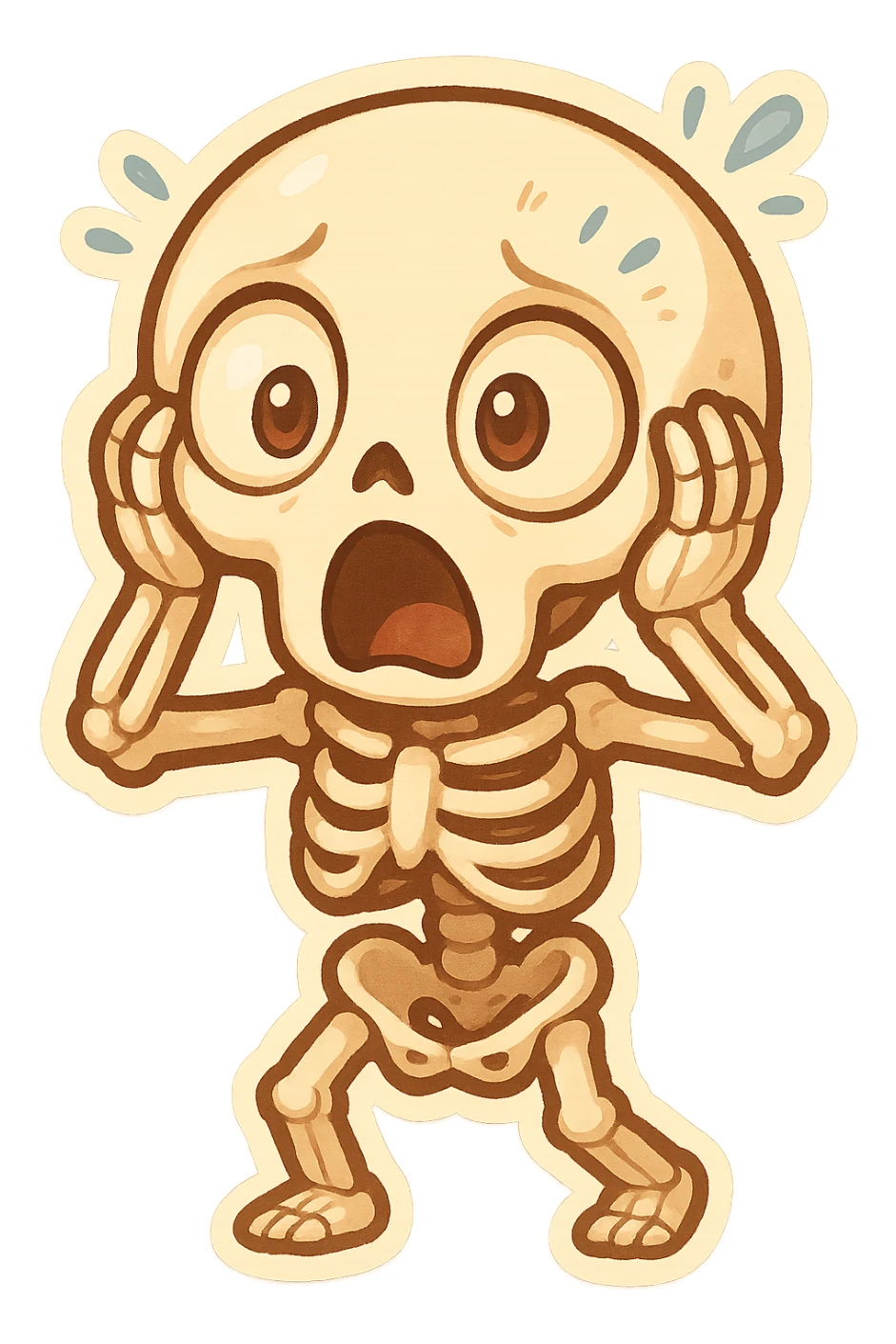 whimsical skeleton showing shock, eyes bulging, mouth agape, hands on sides of head, lively animated style sticker