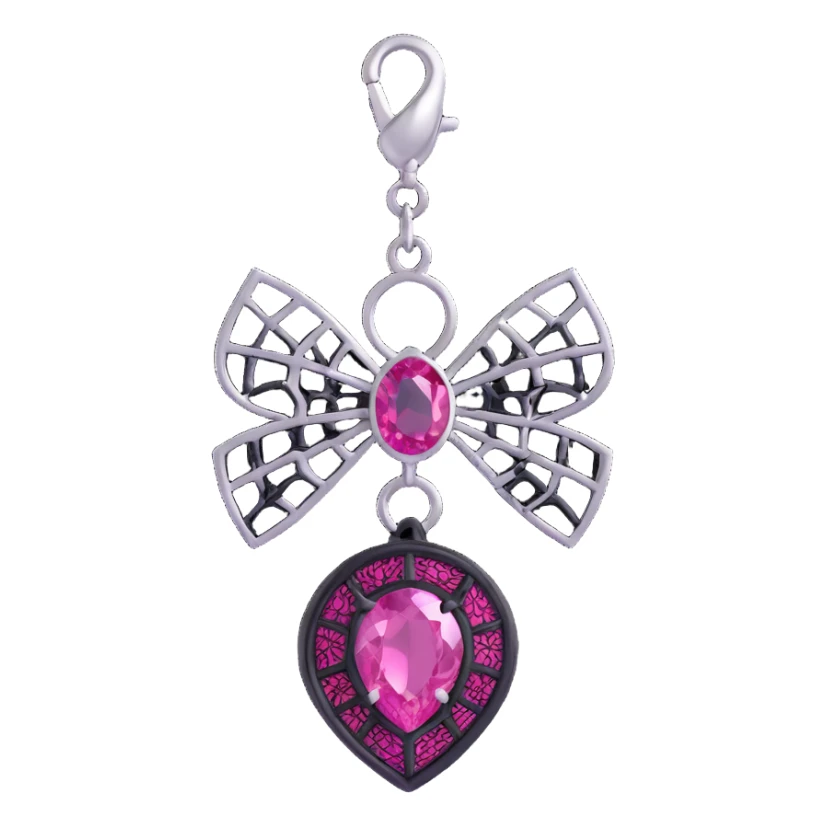 3D emoji style pink bow with gothic effect, black lace overlay, silver spiderweb charm, magenta gemstone center sticker