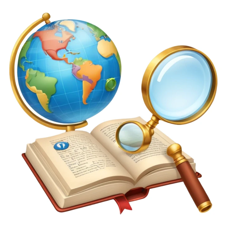 An icon featuring an open book, a speech bubble, and a magnifying glass, symbolizing philology and linguistics. The design includes language symbols, a globe, and alphabet letters, representing the study of languages and their structures. Transparent background  sticker