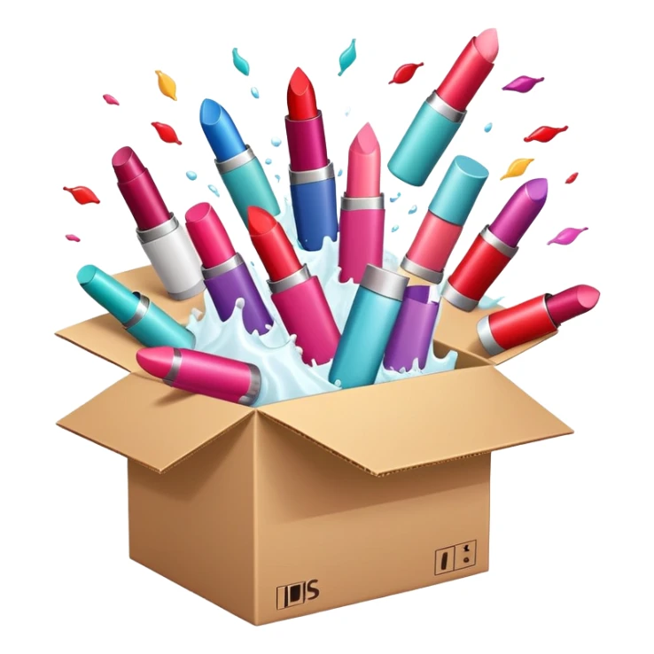 cardboard box bursting open with lipsticks, shampoo, and nail polish flying out sticker