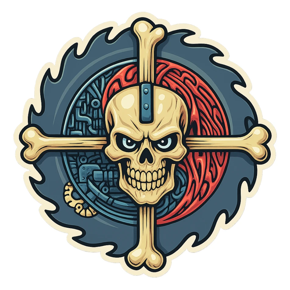 Sticker variation 2: Skull and crossbones with mechanical and organic details, bold outlines, vibrant colors, retro sticker style. sticker