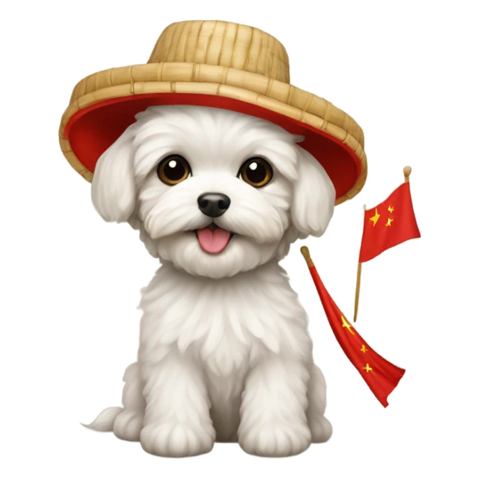 Maltipoo with bamboo hat and Chinese flag sticker