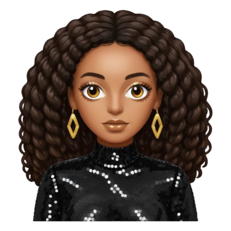 Solange with long dark brown hair, black sequin outfit sticker