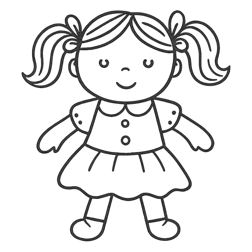 boneca, cute doll, hand drawn icon with no fill, detailed lines, black outlines, no color, supports text but no text included sticker