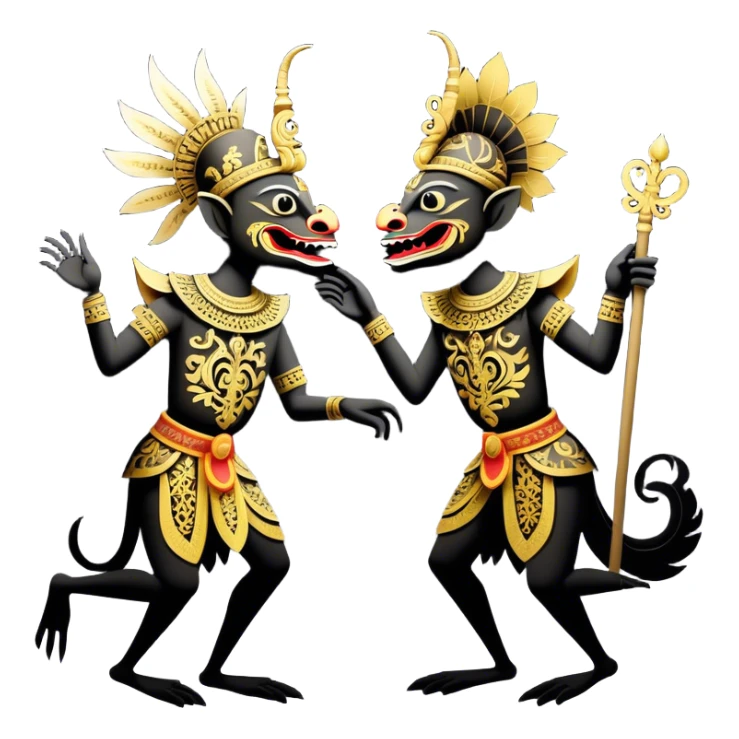 Wayang – Cinematic Realistic Wayang, depicted as intricately carved traditional Indonesian shadow puppets with expressive features and vibrant cultural motifs, set against a dark, dramatic backdrop with subtle glowing highlights that evoke the mystical art of shadow play. sticker