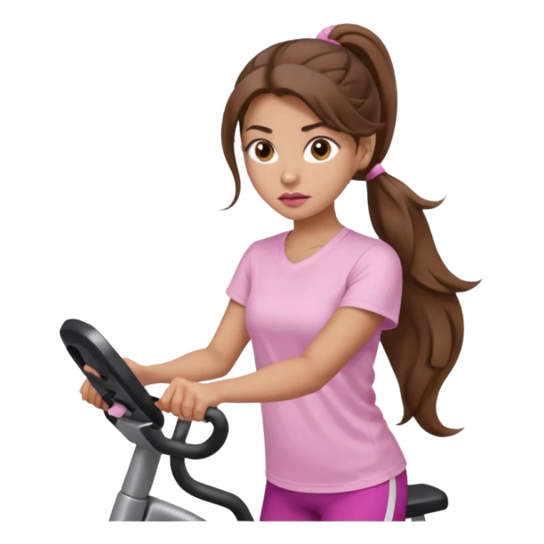 girl with wavy long ponytail brown hair, brown eyes, light to medium complexion, long lashes, light pink lipstick, wearing light pink shirt, on an elliptical sticker