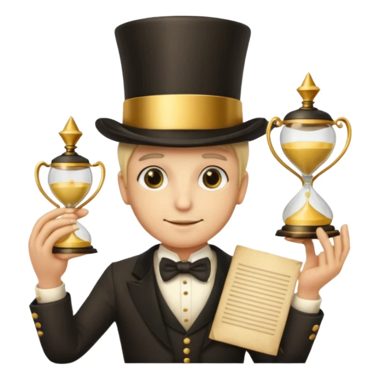 many hands in one, a top hat with a gold stripe, a golden hourglass, papers, a cup

 sticker