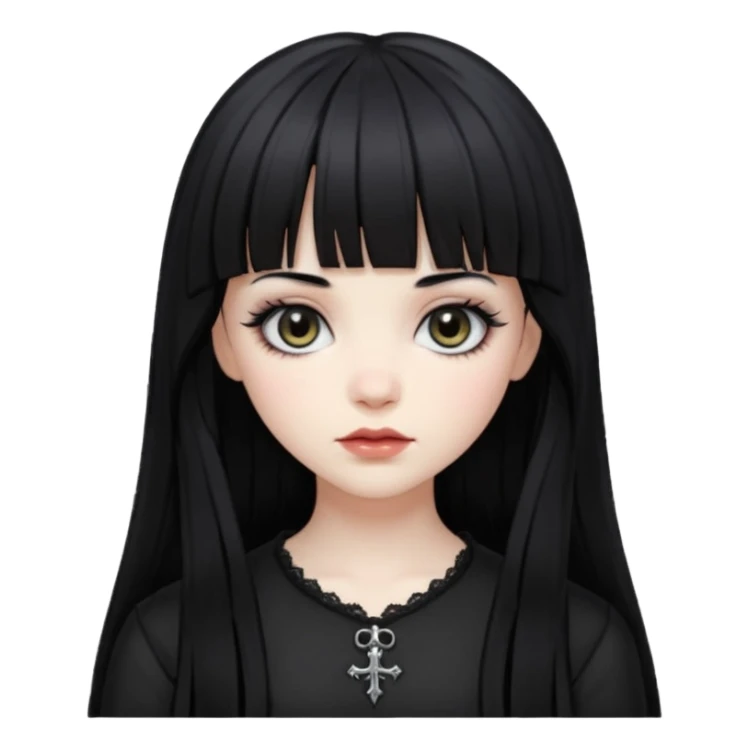 Gothic gir, black hair with bangs, slightly wavy, very long hair,long eyelashes, black eyes. sticker