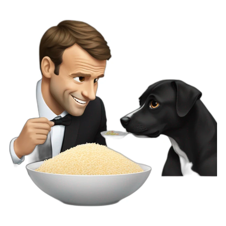 Dog eating a bowl of rice next to Emmanuel Macron sticker