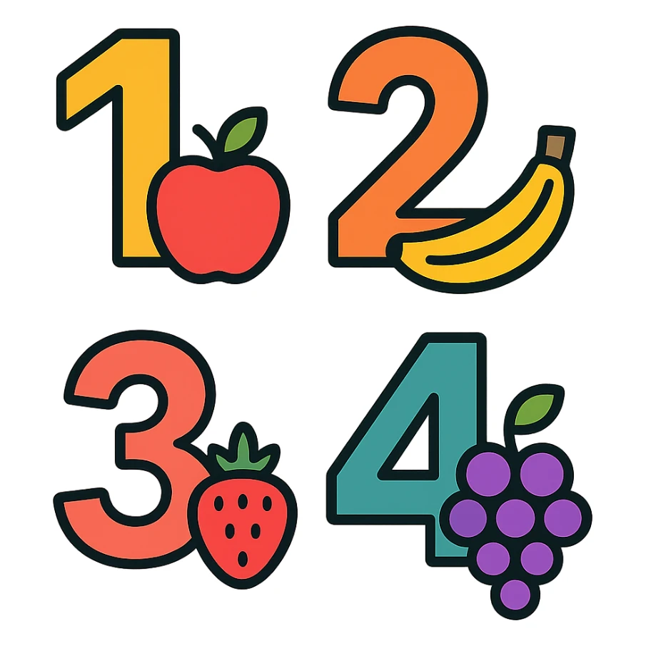 color outline icon style numbers with fruit details, clean lines sticker