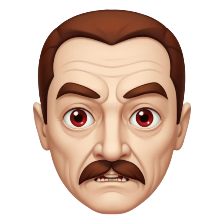 An elderly man with slicked-back reddish-brown hair, sharp brown eyes under heavy brows, and a white mustache, giving him a stern, Dracula-like appearance. sticker