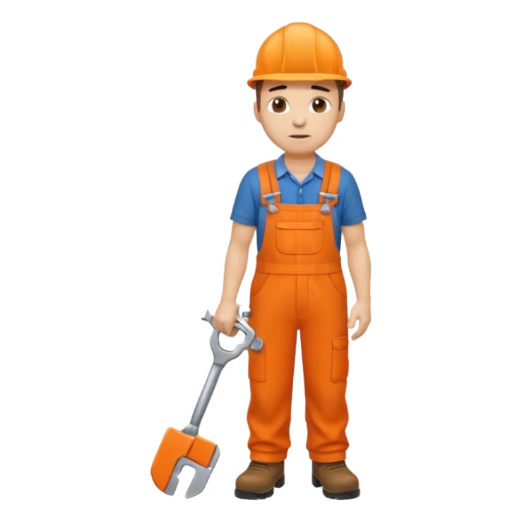 railway engineer, looking tired in orange overalls, boots, holding a spanner sticker