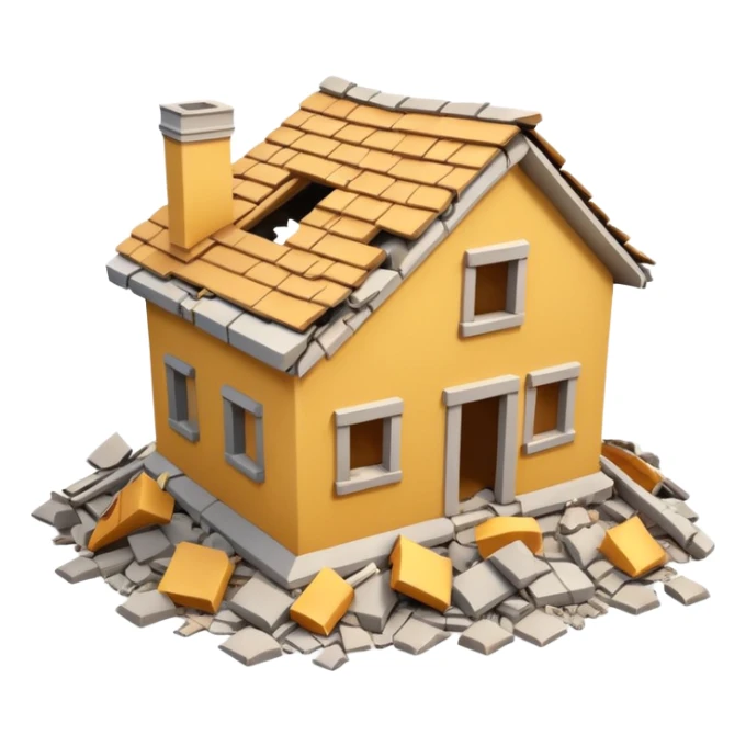 3D iPhone style emoji of a completely destroyed house, heavily damaged, collapsed into rubble, broken walls and roof scattered into debris, isolated on white background, soft shadows, high detail, playful and cute. sticker
