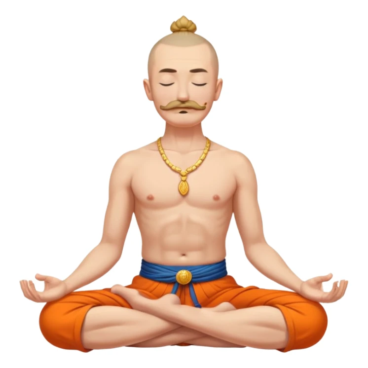 Cossack with bold head, long traditional mustache long lock of hair sprouting from the top or the front of an otherwise closely shaven head  meditating bare torso with closed eyes in lotus pose in orange sharovary sticker