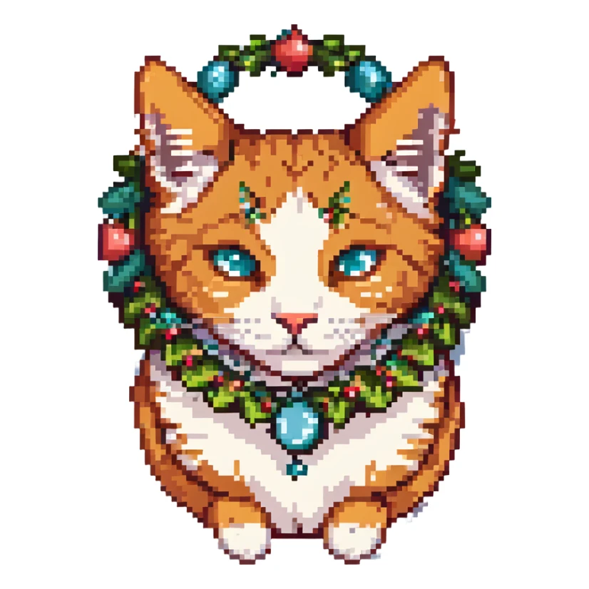 pixel art of a ginger cat with a garland around the head sticker
