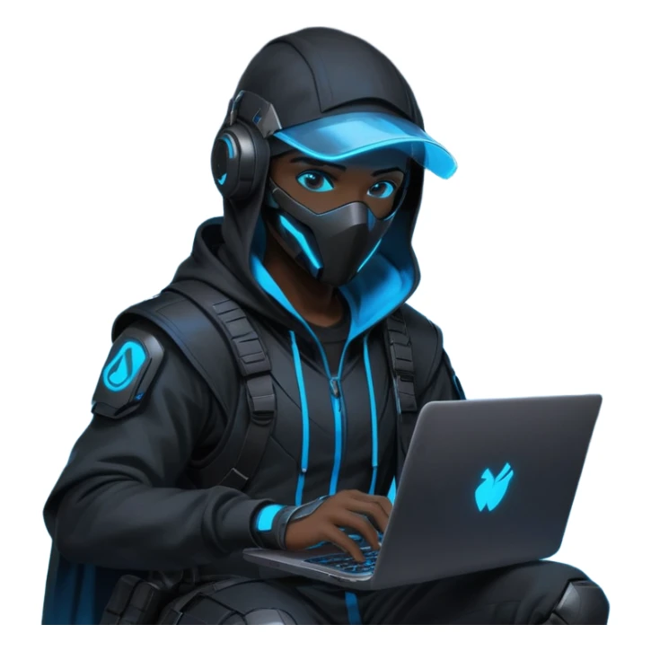 developer behind his laptop with this style : crysis Cyberpunk Valorant neon glowing bright blue character blue black hooded assassin themed character sticker