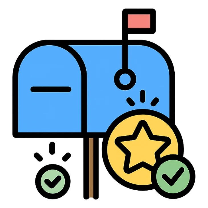 mailbox with a shining badge and checkmark, representing high reputation, colorful outlined icon style sticker