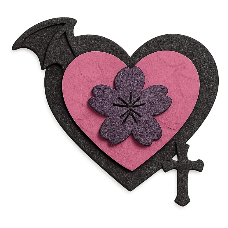 goth sakura heart, paper cutout style, layered black and pink, crafty gothic design sticker