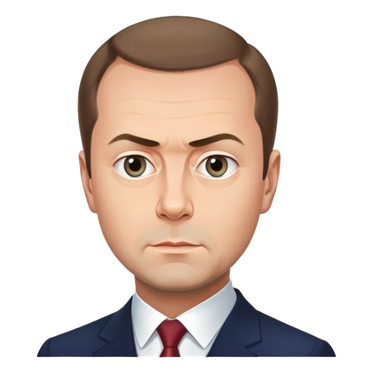 Dmitry Medvedev, round face, smooth finish, simplified but iconic facial traits including distinctive hair, eyebrows, eyes, mouth, serious expression, clean background sticker