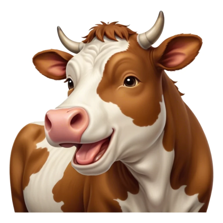 Cinematic Cute Yawning Brown and White Cow Portrait Emoji, Head tilted slightly with a dramatic, wide-open yawn, showcasing a smooth, patterned hide of brown and white, floppy ears slightly drooping, round brown eyes barely open in drowsy contentment, Simplified yet irresistibly adorable features, highly detailed, glowing with a soft, cozy glow, high shine, relaxed yet expressive, stylized with a touch of pastoral whimsy, bright and endearing, soft glowing outline, capturing the essence of a sleepy yet affectionate cow, so drowsy it feels like it could amble out of the screen and curl up for a nap! sticker