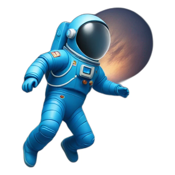 blue spaceman in a blue suit flying straight up into space with bluecadet logo on sleeve sticker