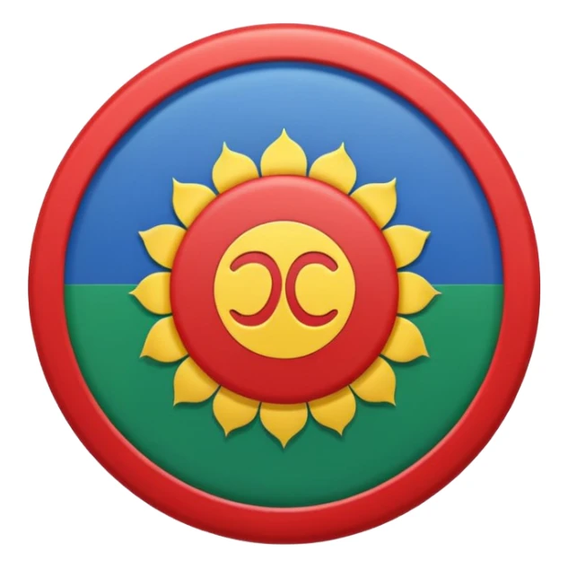 An emoji icon of the Romani flag. Top half blue, bottom half green, with a red 16-spoke chakra wheel in the center. Flat vector style, cute, isolated on white background. sticker