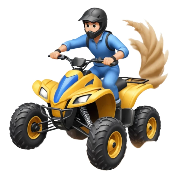 man riding an ATV, dynamic action pose, off-road vehicle, dust trail, 3D cartoon, mobile game icon style, clean background, no text, no watermark

 sticker