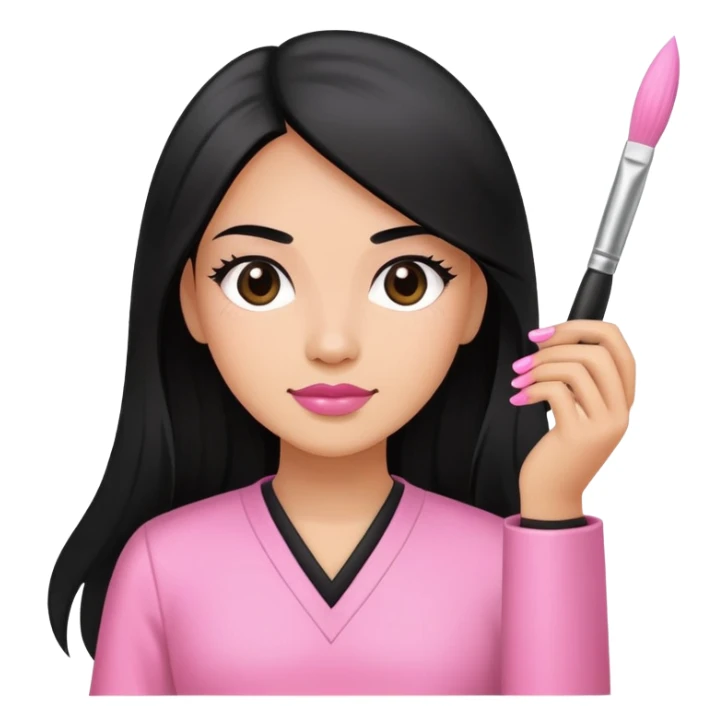 Pink Nail Tech with black long hair holding small acrylic brush sticker