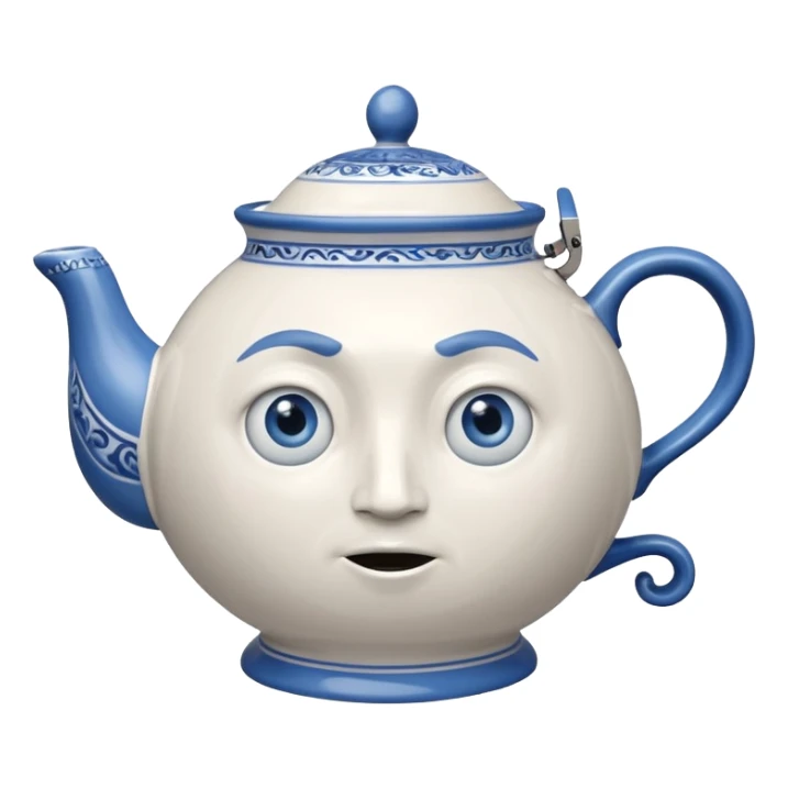 It is a large teapot with legs and a handle extending into an arm. It also has a face with wide-open blue eyes, the frowning like face. sticker