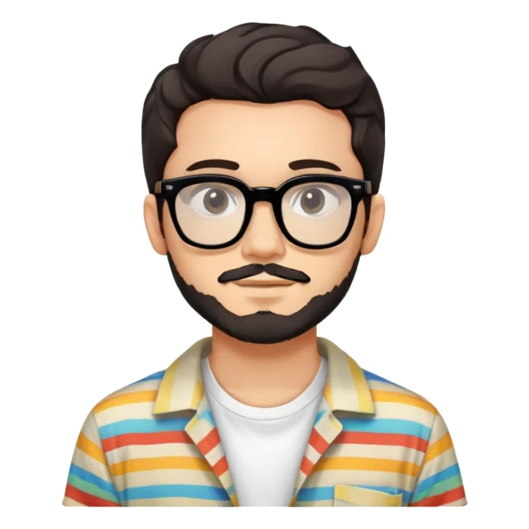 young adult man with light skin, short beard, dark wavy hair, relaxed expression, very wide rectangular glasses with thick black acetate frame and thick double bridge, retro oversized style, colorful open shirt and white t-shirt sticker
