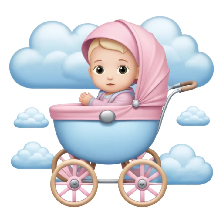 baby sitting in pink and beige stroller with pastel blue clouds around it sticker