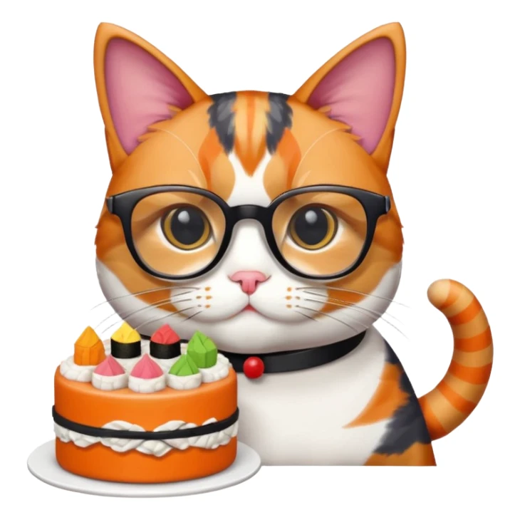cat with cool square shaped glasses eating a birthday cake made out of sushi sticker