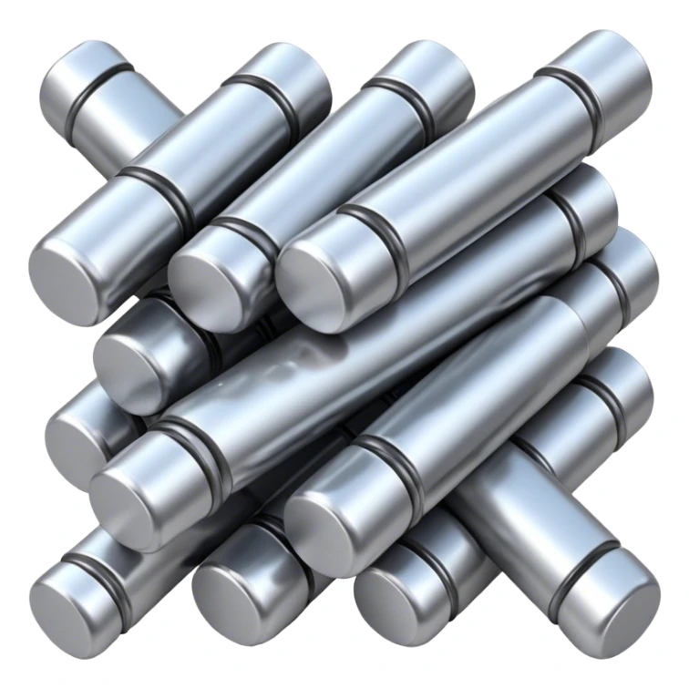 A bundle of thin uranium fuel rods used in a nuclear reactor, with a metallic silver or gray structure, cylindrical and slender rods, arranged in a hexagonal grid, realistic and industrial style, no green color, only metallic shades sticker