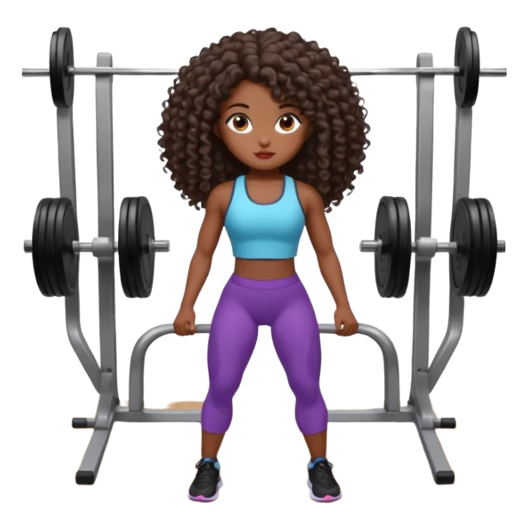 Uma boneca morena escura com olhos castanhos e cabelo cacheado longo até o peito, treinando Gym malhando sticker