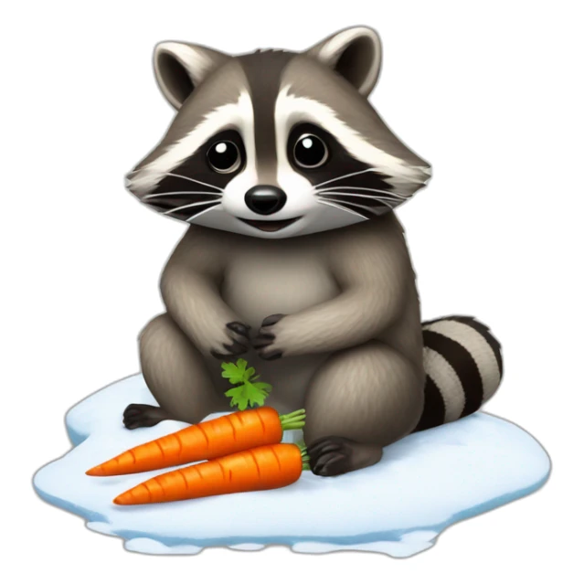 raccoon sits in an almost melted snowman, from which he pulled out a carrot sticker