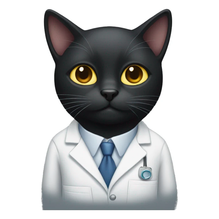 Black cat wearing lab coat with eyes crossed out sticker