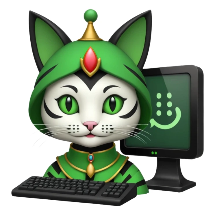 mac os icon code computer retro terminal, black, green white, fantasy court jester cat draw as ASCII GREEN code inside the terminal sticker