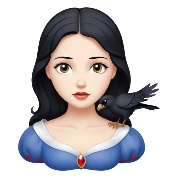Cinematic Serene Snow White Portrait Emoji, rendered in a simplified vector style. Depict a gentle Snow White (chest and above) with flawless porcelain skin and flowing raven hair, her kind eyes and calm expression exuding a quiet, enchanting charm. The image glows softly with an inviting, pure light and is outlined with a subtle glow. sticker