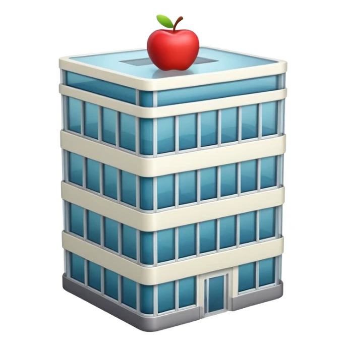 3D emoji-style icon of a compact office building, people visible through glass, Apple iOS style, soft lighting, glossy finish, white background sticker