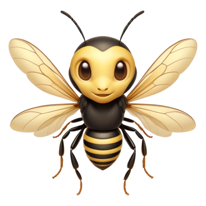 Cinematic Cute Wasp Portrait Emoji, Head tilted playfully and inquisitively, featuring a compact, delicately striped body with softened, endearing eyes and petite, translucent wings, Simplified yet irresistibly adorable features, highly detailed, glowing with a warm, inviting glow, high shine, affectionate and lively, stylized with a touch of whimsical insect charm, soft glowing outline, capturing the essence of a mischievous wasp that seems as if it could buzz out of the screen with a playful wink! sticker