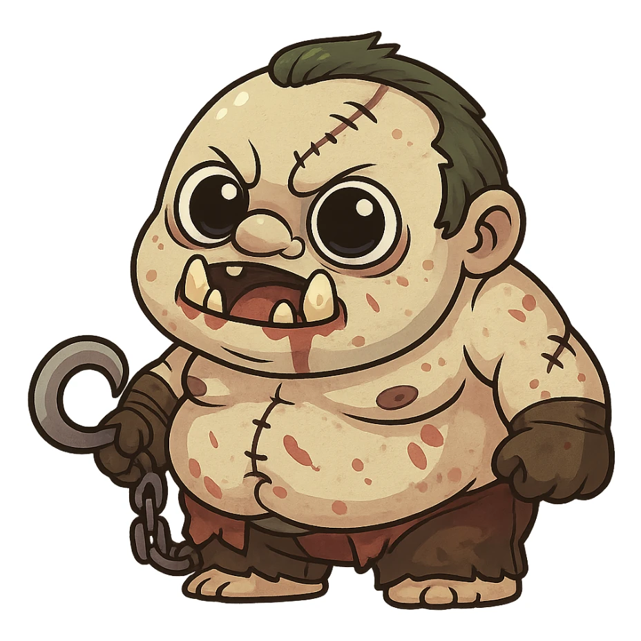 Pudge in a cute, chibi-style cartoon redesign, round proportions, big eyes sticker
