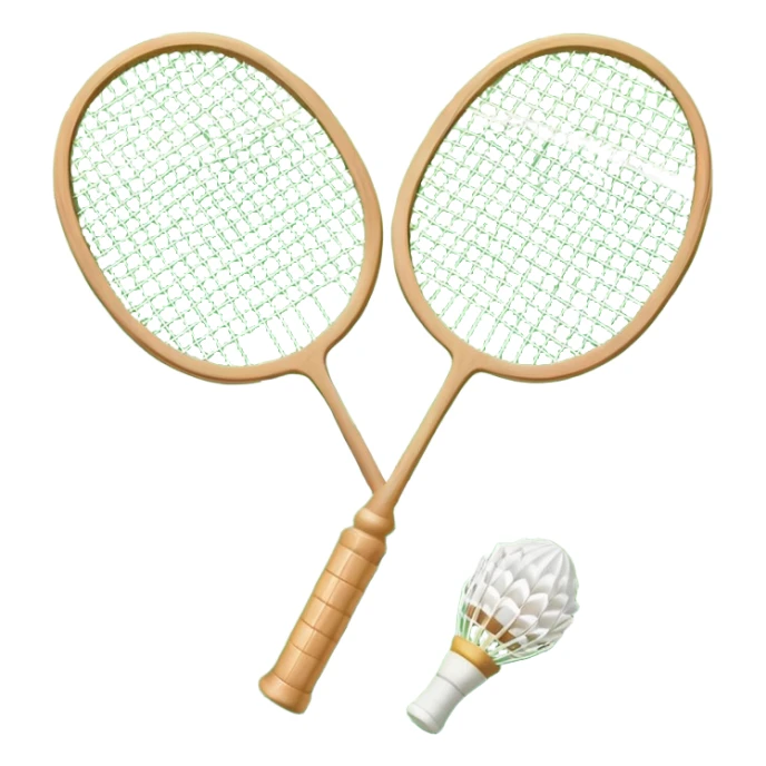 Two crossed badminton rackets with a shuttlecock resting in between, set against the faint outline of a badminton court. The image highlights the tools of the sport, with a subtle emphasis on the court's net and boundaries, symbolizing competition and skill. sticker