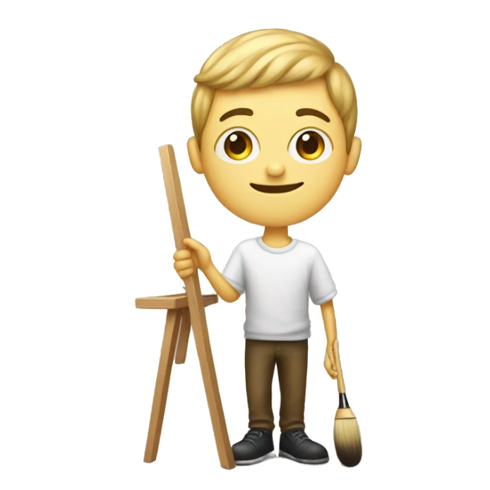 white boy holds little brush, an easel sticker