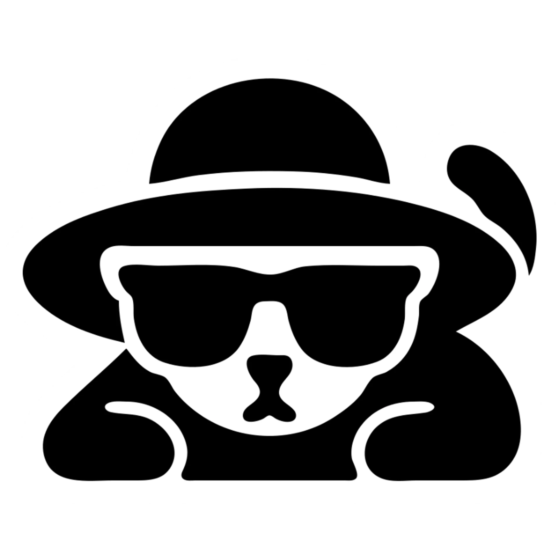 a cat in a summer panama hat with large brim, wearing sunglasses, lying on its stomach with its head resting on the ground sticker