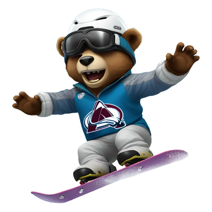 snowboarding bear with helmet and goggles in colorado avalanche jersey doing insane trick sticker