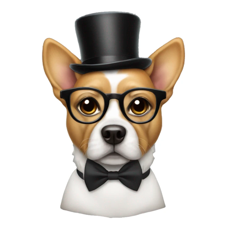 dog wearing a bow tie top hat and a spectacle sticker