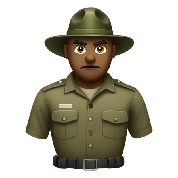 drill sergeant character wearing a classic sergeant hat and a camouflage army shirt. The character should have an angry intense expression. full torso sticker